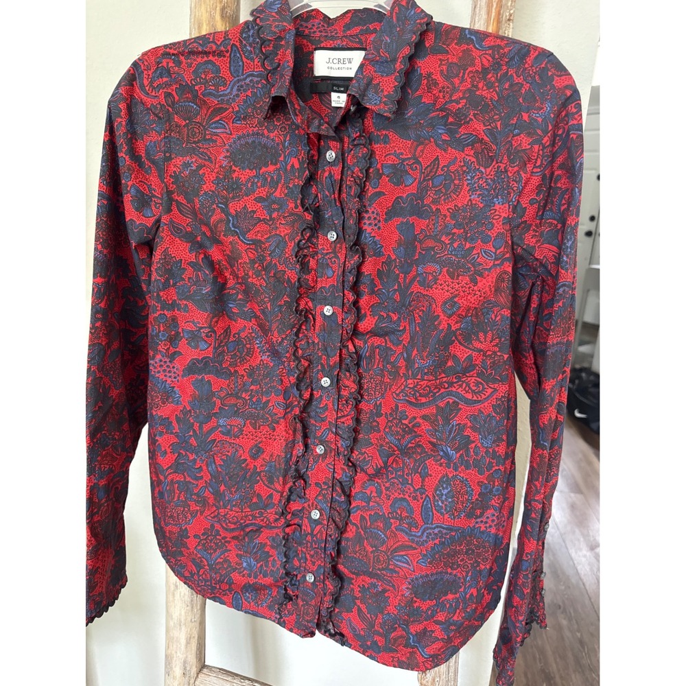 J.Crew Collection Scallop-Ruffle Perfect Shirt Ratti poinsettia paisley tailored